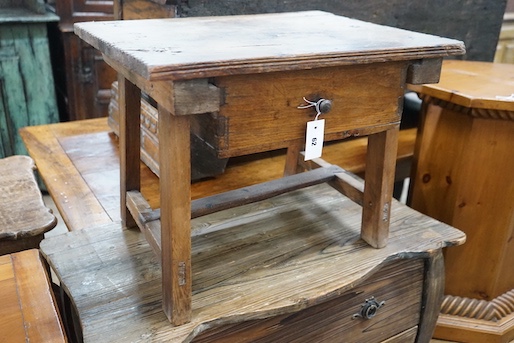 An 18th century style French rectangular pine and fruitwood low table, length 62cm, depth 50cm, height 46cm